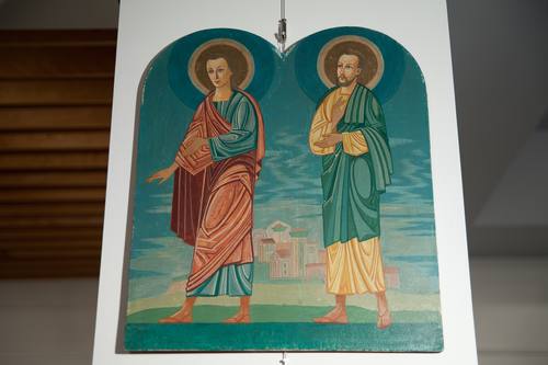 There are six icons depicting the twelve Apostles from an icon wall that stood in the Holy Ghost Ukrainian Catholic church as early as the 1950s. Here are two of them.