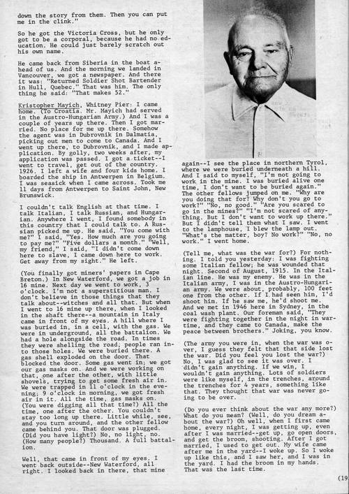 The front page of Cape Breton's Magazine, Issue 34. In it, Kris Mayich continues to describe his experiences in WWI as well as his first experiences in Canada in 1926.