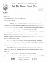 October 1, 2012 church bulletin, written by the anniversary committee.