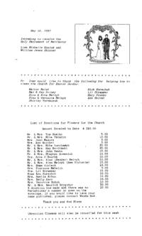 Church Bulletin: 2 pages, first page discusses donations, marriage and a thank you. Second page an image with the name Wanda Huk written underneath
