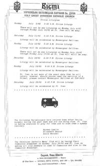 Church schedule, thanks to Parishioners and U.C.M.C.