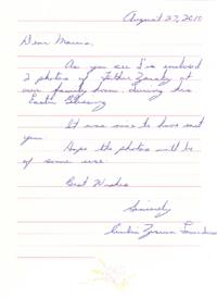 Letter to Marcia Ostashewski from Celia Laverdure discussing the photographs of Father Zarsky