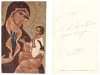Prayer card featuring the icon of the Blessed Virgin Mary Saviour of Souls, with note on the back from Fr. Watler