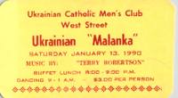 Ticket for Ukrainian Malanka hosted by the Ukrainian Catholic Men's Club, featuring music by Terry Robertson