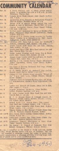 List of community events. On November 26 the Women's Club will have a Bake Sale & game for Handmade Articles at the Ukrainian Hall.