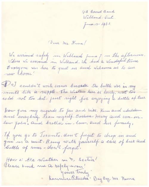 Letter to Mr. Kuna from Lawrence Petrusha and his arrival to Welland, Ont.