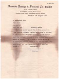 A letter to Joseph Kuna from Universal Passage & Financial Co. Limited regarding the sending of money and the withholding of a certain amount.