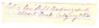 Note saying return to Bill Bodnazchuk P.O Albert Pash, Calgary Alta