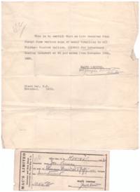 Reciepts for Joseph Kuna's investiment into Mac's limited. Both receipts dated Novemeber 18, 1932 but different amounts on both.