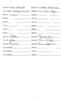 Family genealogical records of Fred Hasiuk, including wife’s maiden name, brother, sister and their spouses' information as well as any children.