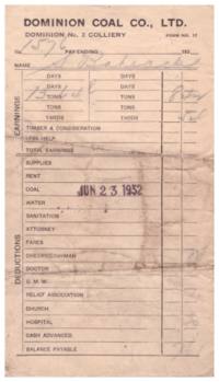 Pay stub for an S. Baheack from Dominion Coal Co., Ltd.